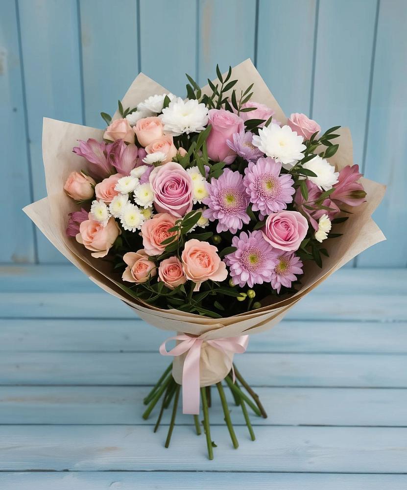 Букет цветов из: Хризантемы, Розы и Альстромерии в Рощинском