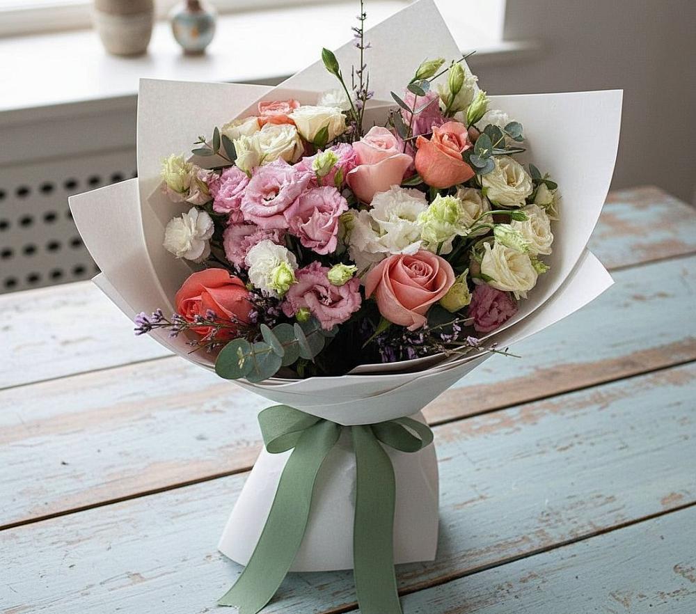 Букет цветов из: Розы, Лизиантусы и Гвоздики в Рощинском