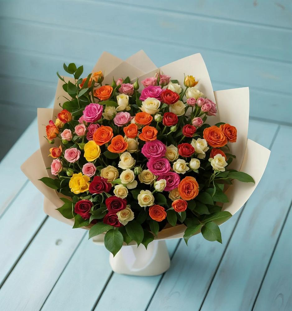 Букет Микс из разноцветных кустовых роз в Рощинском