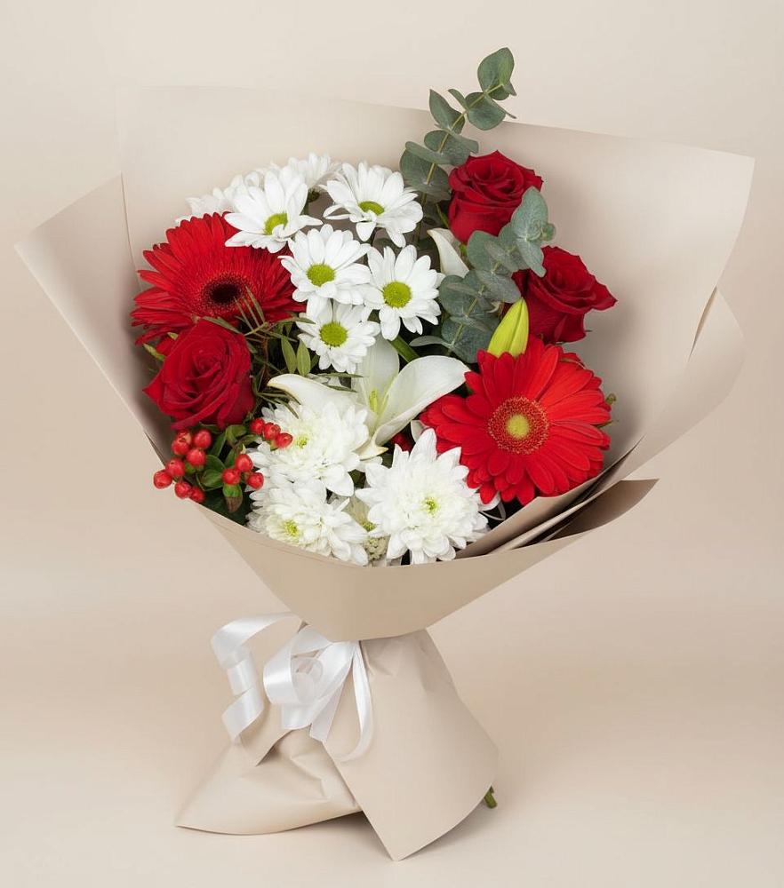 Букет цветов из: Розы, Хризантемы, Герберы и Лилии в Рощинском
