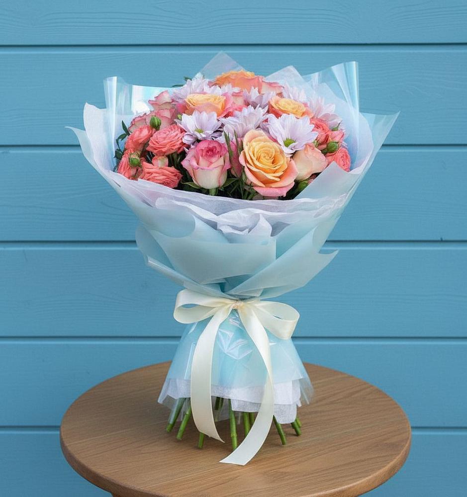 Букет цветов из: Хризантемы и Розы в Рощинском