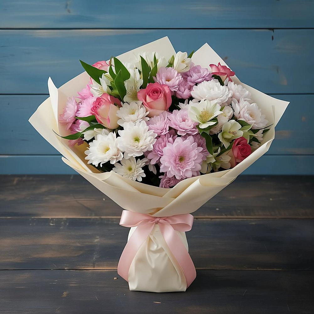 Букет цветов из: Хризантемы, Альстромерии и Розы в Рощинском